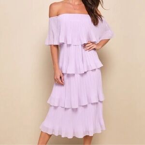 Lavender off the shoulder ruffle midi dress